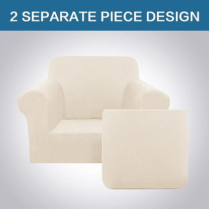 H.VERSAILTEX 2 Piece Couch Cover Stretch Stylish Chair Cover Furniture Protector Featuring Jacquard Textured Twill Fabric High Spandex Slipcover (Chair, Cream)