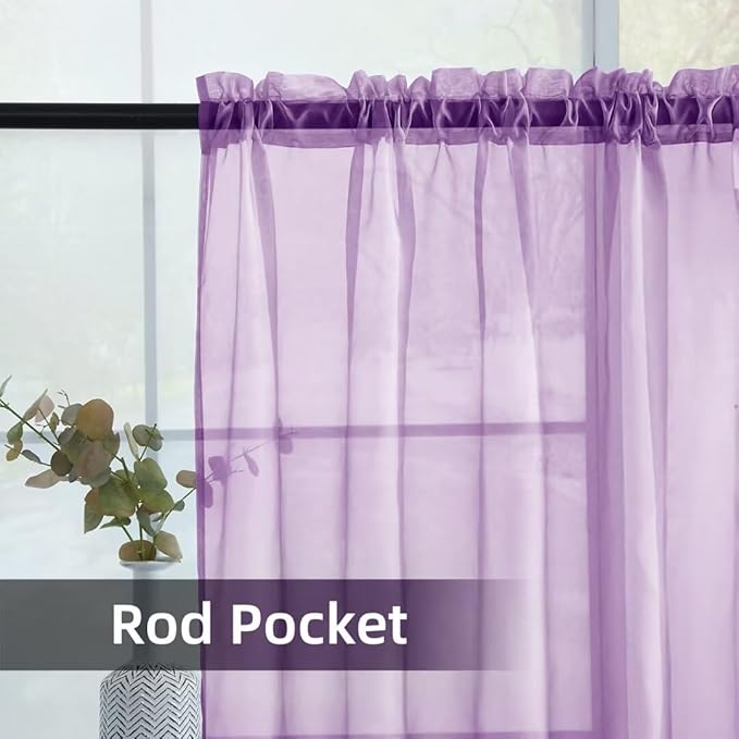youleyar Solid Sheer Rod Pocket Curtain Voile Draperies 2 Panels White Beige Black Grey Coffee 52 Inch Width 63 Inch Long 1 Pair for Kitchen Bedroom Children Living Room Yard (Lavender,52Wｘ63L)
