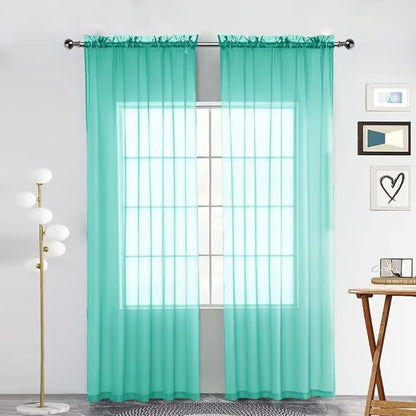 SpaceDresser Sheer Voile Window Treatment Rod Pocket Curtain Panels for Kitchen Bedroom Living Room Drapes Sunlight Filtering Privacy Semi Home Decor Assorted Colors Sizes (Turquoise, 52 W x 84 L)