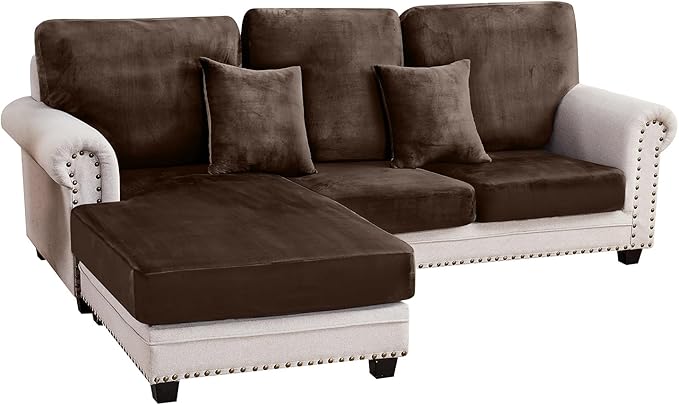Couch Cover 3-Piece Elastic Velvet Couch Cushion Covers & Chaise Slipcovers for L-Shaped Sofas - Sofa Seat Covers Washable, Soft Protector for Couches (2 Seater + Chaise, Coffee)