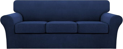 Turquoize 4 Piece Sofa Covers for 3 Cushion Couch Sofa Slipcover Soft Couch Cover for Dogs Washable Furniture Cover with 3 Individual Large Cushion Covers Feature Fabric (Large Sofa, Navy)