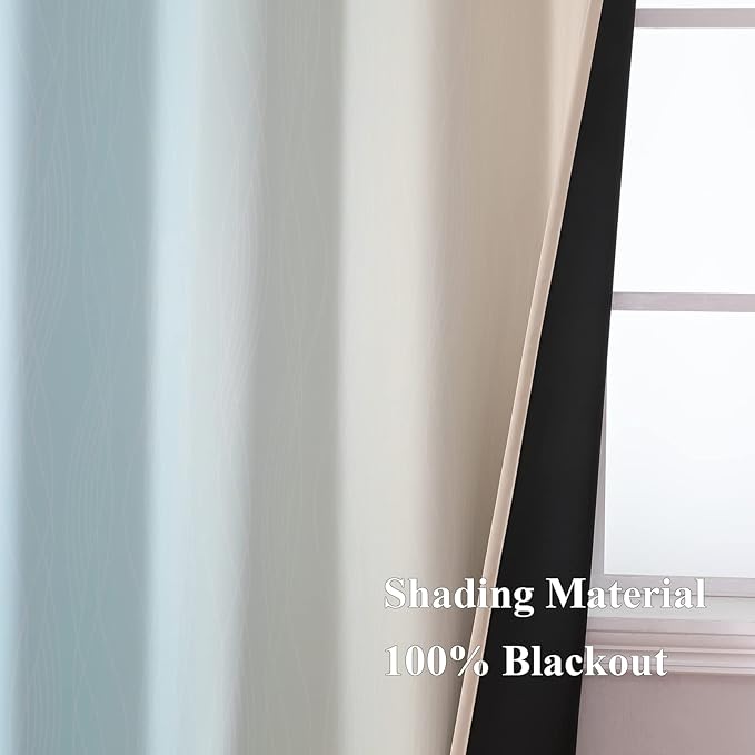 Estelar Textiler Ombre Aqua and Beige Blackout Curtains 96 Inches Long for Sliding Door, Gradient Thermal Insulated Full Light Blocking Grommet Blackout Drapes for Bedroom, 52Wx96L, 2 Panels