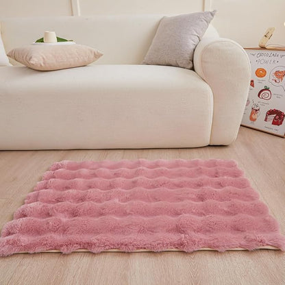 Pink Rabbit Plush Rug 2'x3', Fluffy Faux Fur Shaggy Area Rug for Nursery, Kids Room Decor, Soft Fuzzy Carpet for Living Room, Bedroom, Teen Girls Room