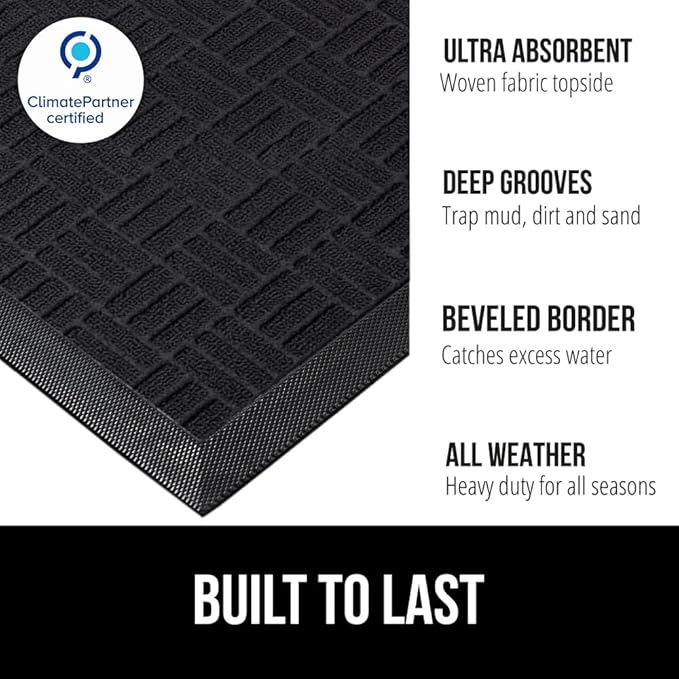 GORILLA GRIP 100% Waterproof All-Season WeatherMAX Doormat, 47x35, US Designed Natural Rubber, Stain and Fade Resistant, Low Profile Indoor Outdoor Door Mats, Easy Clean Patio Mat, Black Maze