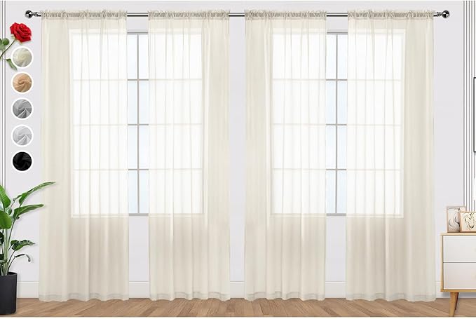 SpaceDresser Ivory Sheer Curtains 4 Panels Rod Pocket Semi-Sheer Curtain 96 Inches Long Light Filtering Voile Window Drapes for Bedroom Living Room Kitchen, Each 52W x 96L