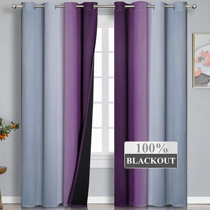 Estelar Textiler Grey and Purple Blackout Curtains for Bedroom, Thermal Insulated Drapes 108 Inches Long, Full Light Blocking Energy Saving Long Curtains for Living Room, 52Wx108L, 2 Panels
