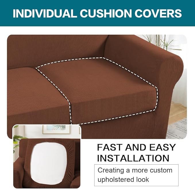 Turquoize 4 Piece Sofa Covers for 3 Cushion Couch Sofa Slipcover Soft Couch Cover for Dogs-Washable Sofa Furniture Covers with 3 Individual Large Cushion Covers (XL Sofa, Caramel)