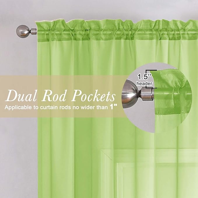 Lecloud Lime Sheer Curtains for Living Room 54 Inch Length 2 Pcs, Solid Color Voile Rod Pockets Lightweight Drapes, Vintage Airy Farmhouse Curtains for Bedroom Dining Room, Each Panel 42" W x 54" L