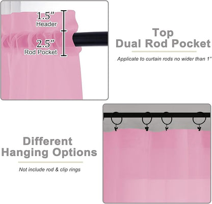 Pink Kitchen Curtains 30 Inch Length Tier 2 PCS, Solid Soft Airy Half Curtains for Windows, Pink Sheer Rod Pocket Drapes for Bathroom Basement Small Window, 42" Wx30 L Inches