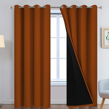 Yakamok Orange 100% Blackout Curtains, Total Blackout Lined Curtain Panels for Bedroom, 2 Thick Layers Grommet Top Thermal Insulated Blackout Drapes for Living Room(52Wx96L, Burnt Orange, 2 Panels)