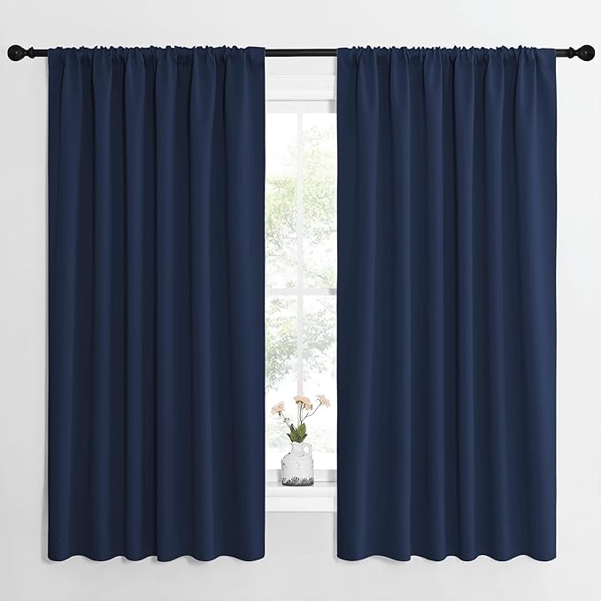 NICETOWN Blackout Curtains for Bedroom, Blackout Draperies, Home Decorations Thermal Insulated Solid Rod Pocket Blackout Drapes for Cafe (Navy, One Pair, 62 x 63-inch)