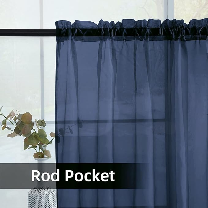 SpaceDresser Sheer Voile Window Treatment Rod Pocket Curtain Panels for Kitchen Bedroom Living Room Drapes Sunlight Filtering Privacy Semi Home Decor Assorted Colors Sizes (Navy, 52 W x 72 L)