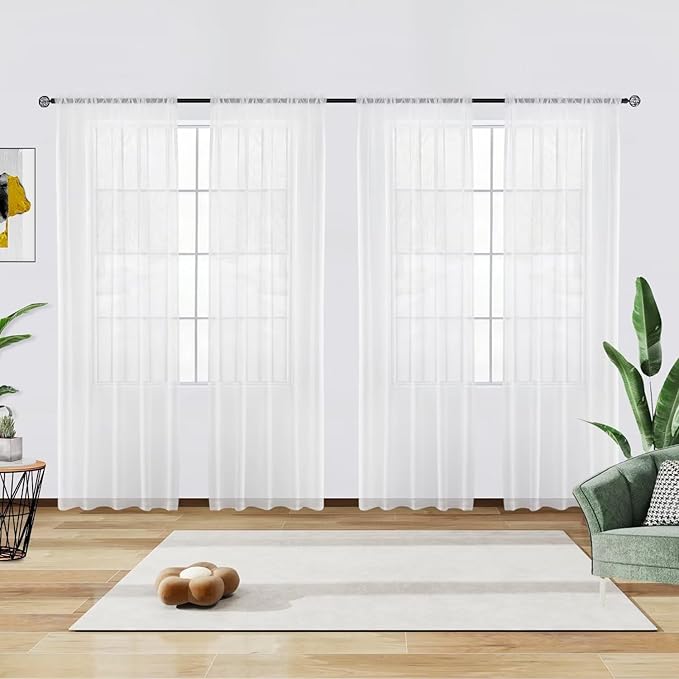 youleyar Solid Sheer Rod Pocket Curtain Voile Draperies 4 Panels White Beige Black Grey Coffee 52 Inch Width 90 Inch Long 1 Pair for Kitchen Bedroom Children Living Room Yard(White,52Wｘ90L)