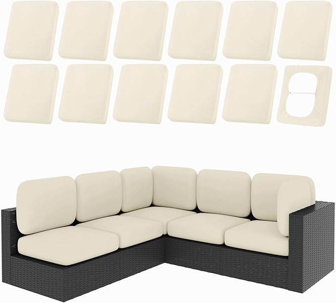 hyha 12Pcs Patio Cushion Covers, Stretch Outdoor Couch Cushion Covers Replacement, Washable Outdoor Chair/Sofa Slipcovers for Patio Furniture Cushions Protector with Elastic Bottom(Beige,Cover Only)