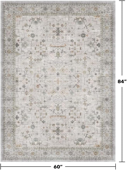 Hazo Haus Boho Light Grey 5x7 Living Room Rug - Modern Vintage Eclectic Floral Pastel Neutral Taupe, Washable Low Pile Non-Slip Large Area Rugs for Nursery Dining Under Table Bedroom Lounge