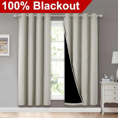 NICETOWN 100% Blackout Window Curtain Panels, Full Light Blocking Drapes with Black Liner for Nursery, 72-inch Drop Thermal Insulated Draperies (Natural, 2 Pieces, 52-inch Wide Per Panel)