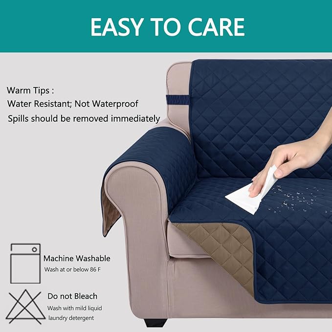 U-NICE HOME Sectional Couch Cover for Dogs Pets Chaise Lounge Reversible Sofa Cover Furniture Protector with Elastic Adjustable Strap, Navy/Taupe
