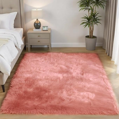 Goolela Pink Area Rug 5x8 Fluffy Fuzzy Furry Carpet for Girls Bedroom Living Room Faux Sheepskin Fur Shaggy Plush Rectangle