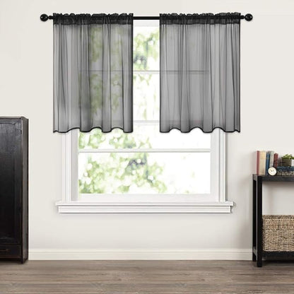 MIULEE 2 Panels Kitchen Tiers Half Window Sheer Halloween Curtains-Rod Pocket Voile Drapes for Kitchen Bathroom-Small Windows 29 by 24 Inch Black