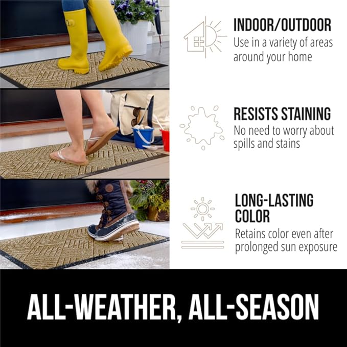 GORILLA GRIP 100% Waterproof All-Season WeatherMAX Doormat US Designed Natural Rubber, Stain and Fade Resistant, Low Profile Indoor Outdoor Door Mats, Easy Clean Patio Mat, 29x17, Beige Diamond