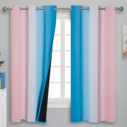 Estelar Textiler Pink and Blue Curtains 63 Inch Length 2 Panels, Ombre Total Blackout Curtains for Bedroom, Grommet Thermal Insulated Gradient Blackout Drapes for Kids Room, 42x63 Inch