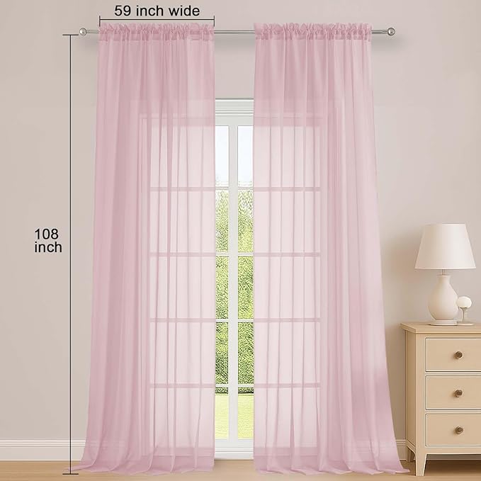 OWENIE Sheer Blush Curtains 108 Inches Long for Living Room Bedroom 2 Panels Set, Lightweight Airy Blush Sheer Curtain, Filmy Voile Rod Pocket, 2 PCS, Each 59" W x 108" L