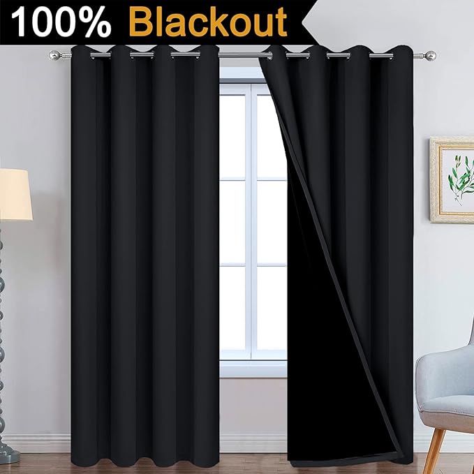 Yakamok 96 Inch Length 100% Blackout Curtains for Bedroom, 2 Thick Layers Thermal Insulated Grommet Total Blackout Drapes with Black Liner for Living Room (52Wx96L,Black, 2 Panels)