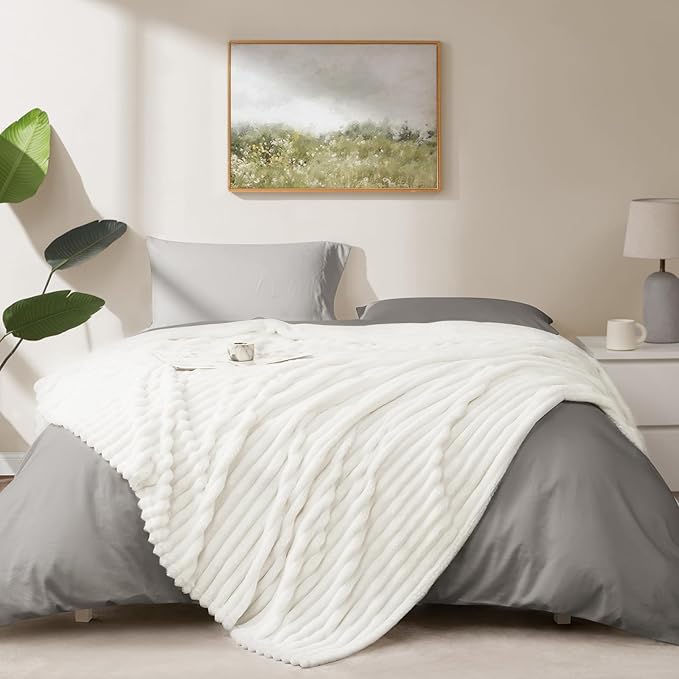 HIMEET Off White Ribbed Twin Blanket for Bed - 300GSM Lightweight Soft Fleece Blanket for Women, Cozy Blankets Graduation Birthday Gifts, Striped Spring Home School Dorm Decor, Off White, 60x80 Inches