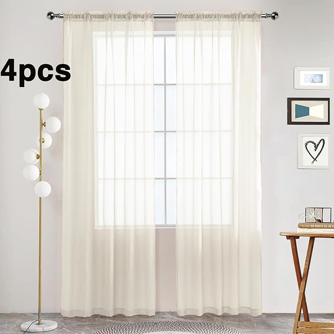 SpaceDresser Ivory Sheer Curtains 4 Panels Rod Pocket Semi-Sheer Curtain 96 Inches Long Light Filtering Voile Window Drapes for Bedroom Living Room Kitchen, Each 52W x 96L