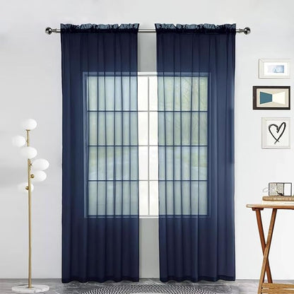 SpaceDresser Sheer Voile Window Treatment Rod Pocket Curtain Panels for Kitchen Bedroom Living Room Drapes Sunlight Filtering Privacy Semi Home Decor Assorted Colors Sizes (Navy, 52 W x 54 L)