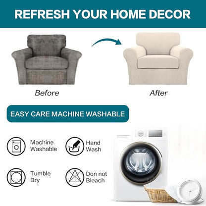 Turquoize 2 Piece Chair Covers for Living Room Armchair Couch Cover with Individual Cushion Covers Furniture Cover for Chairs (Chair,BiscottiBeige)