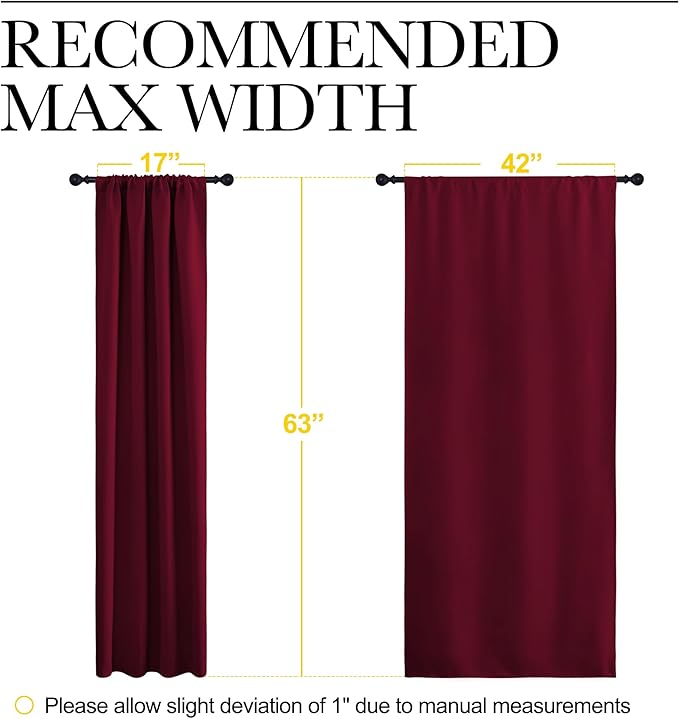 NICETOWN Wine Red Blackout Curtains 63 inches Long for Living Room, Darkening Window Curtain Panels, Easy-Care Solid Thermal Insulated Draperies/Drapes for Daughter Room