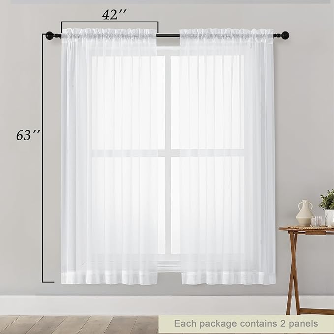 White Sheer Curtains 63 Inch Length 2 Panels Set for Living Room Bedroom, Airy Soft Light Filtering Sheer Dining Room Curtains, Modern Rod Pocket Drapes, White, Each 42" Wx63 L