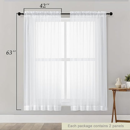 White Sheer Curtains 63 Inch Length 2 Panels Set for Living Room Bedroom, Airy Soft Light Filtering Sheer Dining Room Curtains, Modern Rod Pocket Drapes, White, Each 42" Wx63 L
