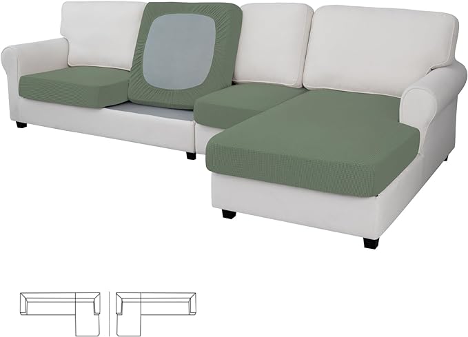 Easy-Going Stretch 4 Pieces Couch Cushion Covers for Sectional Sofa Left/Right L Shape Chaise Lounge Sofa Seat slipcover Anti-Slip Sofa Cover Soft (3 Seater + 1 Chaise, Greyish Green)