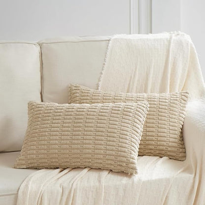 Fancy Homi 4 Packs Tan Decorative Throw Pillow Covers 14x24 Inch for Living Room Couch Bed Sofa, Beige Rustic Farmhouse Boho Home Decor, Soft Plush Striped Corduroy Square Cushion Case 35x60 cm