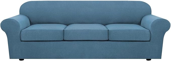 H.VERSAILTEX 4 Piece Stretch Sofa Covers for 3 Cushion Couch Covers for Living Room Furniture Slipcovers (Base Cover Plus 3 Seat Cushion Covers) Thicker Jacquard Fabric (Large Sofa, Dusty Blue)