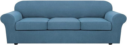 H.VERSAILTEX 4 Piece Stretch Sofa Covers for 3 Cushion Couch Covers for Living Room Furniture Slipcovers (Base Cover Plus 3 Seat Cushion Covers) Thicker Jacquard Fabric (Large Sofa, Dusty Blue)