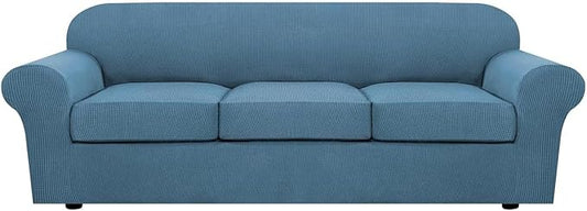 H.VERSAILTEX 4 Piece Stretch Sofa Covers for 3 Cushion Couch Covers for Living Room Furniture Slipcovers (Base Cover Plus 3 Seat Cushion Covers) Thicker Jacquard Fabric (Large Sofa, Dusty Blue)