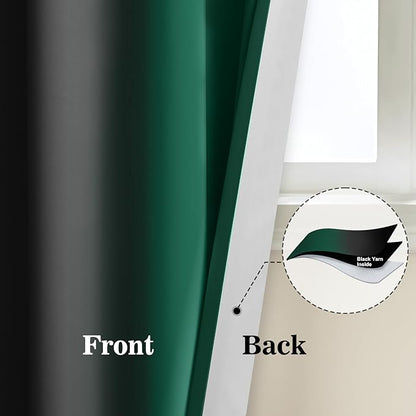 Yakamok Blackout Ombre Dark Green and Black Curtains-Gradient Room Darkening Curtain, Grommet Thermal Insulated Light Blocking Window Drapes Curtain for Living Room Bedroom,52 x 72 Inch,2 Panels