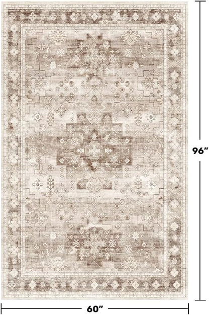 Hazo Haus Washable Neutral Farmhouse Living Room Rug, 5x8 Area Rugs for Bedroom Under Bed, Nursery Room, Boho Vintage Floral Non-Slip Rug Low Pile Stain Resistant (5x8 Beige/Latte)