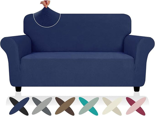 ZNSAYOTX Super Stretch Loveseat Covers (57"-70"), New Striped Love Seat Slipcover, Dogs Pet Friendly Anti-Slip Couch Protector Spandex Durable 2 Seater Fabric Sofa Cover (Navy Blue, Loveseat)