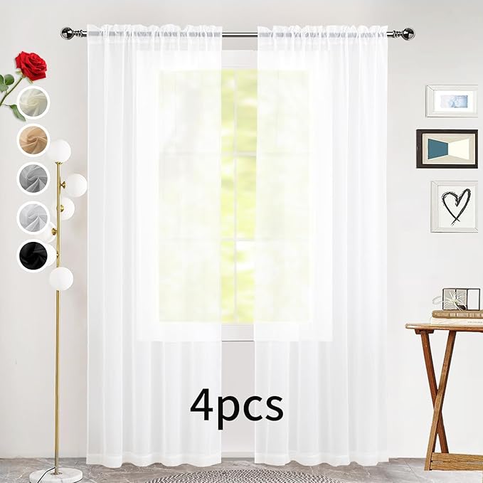 SpaceDresser Sheer White Curtains 4 Panels Rod Pocket Semi-Sheer Curtain 45 Inches Long Light Filtering Voile Window Drapes for Bedroom Living Room Kitchen, Each 52W x 45L