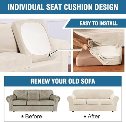 H.VERSAILTEX Modern Velvet Plush 4 Piece High Stretch Sofa Slipcover Sofa Cover Furniture Protector Form Fit Thick Velvet Sofa Cover for 3 Cushion Couch Width Up to 90 Inch (Sofa, Cream)