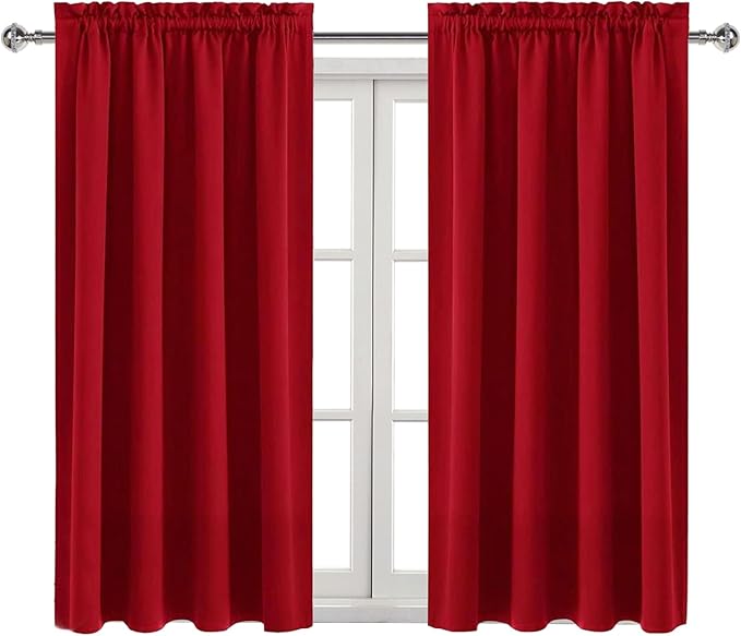 DWCN Christmas Blackout Curtains Room Darkening Thermal Insulated Bedroom Curtains Window Treatments, 42 x 45 inches Long, Set of 2 Red Rod Pocket Drapes