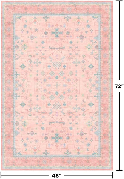 Hazo Haus Nursery Area Rug 4x6 - Pink Rugs for Girls Bedroom, Living Room - Washable Low Pile Non-Slip Charming Boho Vintage Traditional Oushak Design, Perfect for Kids Rooms