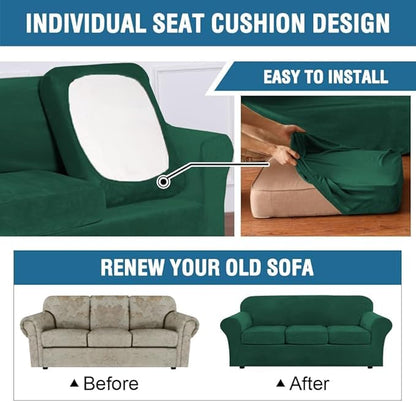 H.VERSAILTEX High Stretch Sofa Slipcover 4 Piece Cover Velvet Furniture Protector Form Fit Thick Velvet Extra Large Sofa Cover for 3 Cushion Couch Width Up to 97 Inch (Large Sofa, Green)