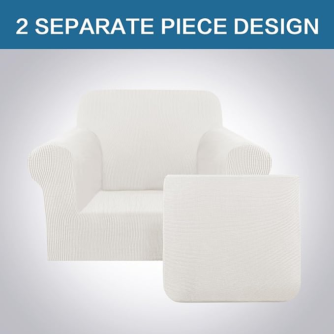 H.VERSAILTEX 2 Piece Couch Cover Stretch Stylish Chair Cover Furniture Protector Featuring Jacquard Textured Twill Fabric High Spandex Slipcover (Chair, Porcelain White)
