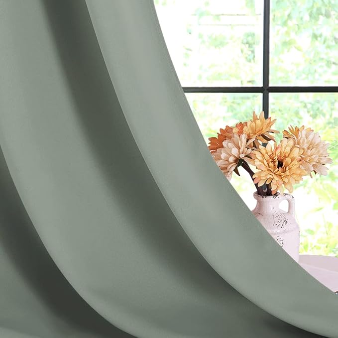 NICETOWN Window Curtain Panels, Greyish Green, 1 Pair, 42 by 80-inch, Thermal Insulated Solid Grommet Blackout Draperies/Drapes for Basement