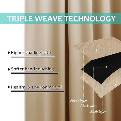 NICETOWN Thermal Insulated 100% Blackout Curtains, Cold Noise Reducing Performance Drapes with Black Lining, Full Light Blocking Panels for Patio (Biscotti Beige, 1 Pair, 70 inches x 95 inches)